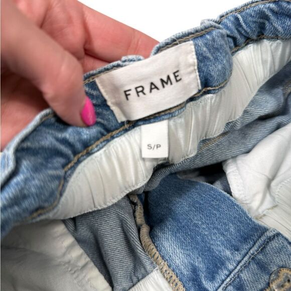 Frame Meridian Paperbag Elastic Waist High Rise Denim Straight Ankle Jeans - Picture 6 of 8